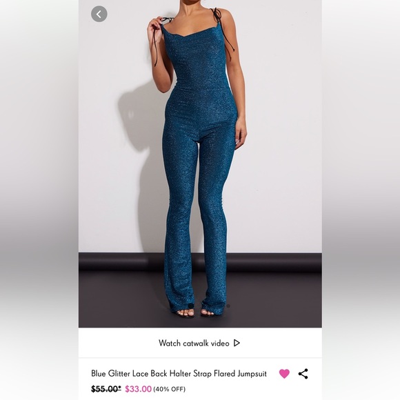 Blue Glitter Lace-Up Back Jumpsuit - Picture 2 of 7